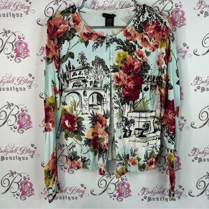 Lord & Taylor cardigan button up scenic flowers Floral and Scenic Print Blouse